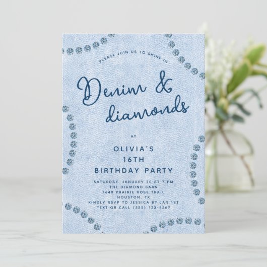 Blue Jeans Denim and Diamonds 16th Birthday Party 招待状 (スタンド正面)