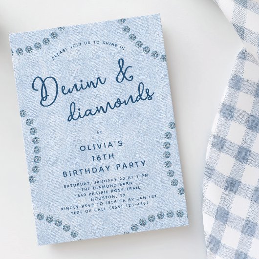 Blue Jeans Denim and Diamonds 16th Birthday Party 招待状