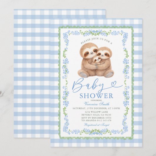 Blue Jungle Watercolor Sloth Baby Shower 招待状 (正面/裏面)