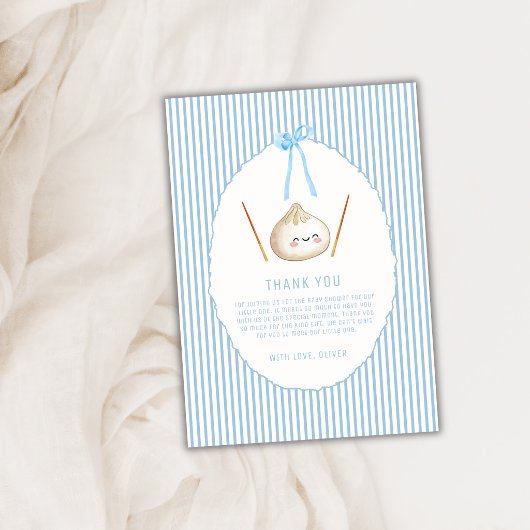 Blue Kawaii Boy Bow Asian Dumpling Baby Shower  サンキューカード