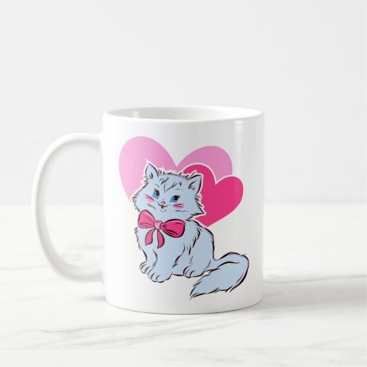 Blue Kawaii Cat With Pink Bow & Hearts コーヒーマグカップ (左)
