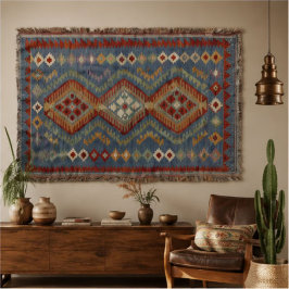 Blue Kilim Southwestern Rust, Sage & Cream Geometr スローブランケット