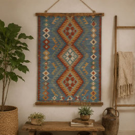 Blue Kilim Southwestern Rust, Sage & Cream Geometr 吊り下げ型タペストリー