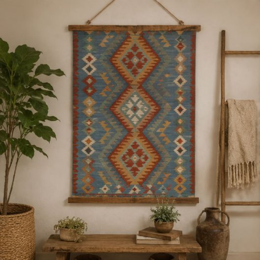 Blue Kilim Southwestern Rust, Sage & Cream Geometr 吊り下げ型タペストリー