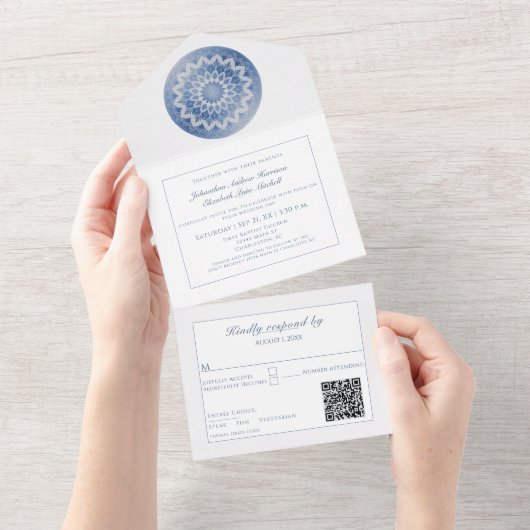Blue Lace Mandala Wedding オールインワン招待状 (貼ってはがせる)