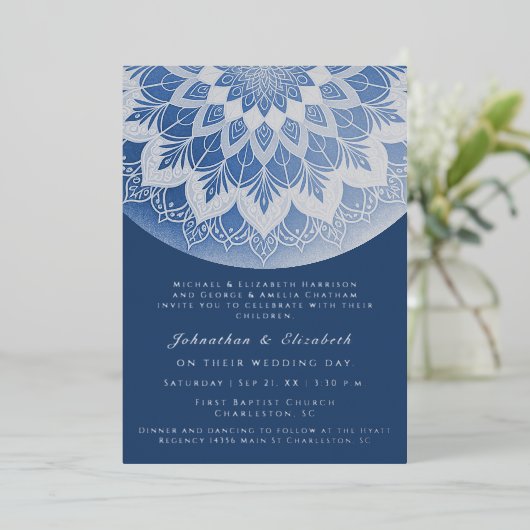 Blue Lace Mandala Wedding 箔招待状 (立ち正面)
