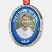 Blue Lacrosse Player Photo High School Christmas メタルオーナメント (左)