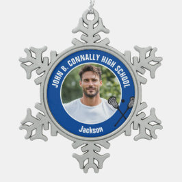 Blue Lacrosse Player Photo High School Spirit スノーフレークピューターオーナメント
