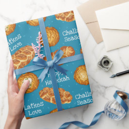 Blue Latkes and Challah Bread Hanukkah Pattern ラッピングペーパー