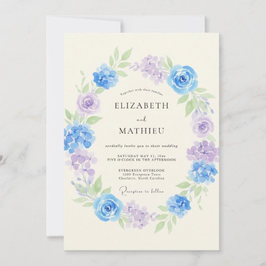 Blue Lavender Floral Wreath Wedding 招待状 (正面)