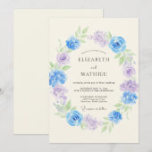 Blue Lavender Floral Wreath Wedding 招待状 (正面/裏面)