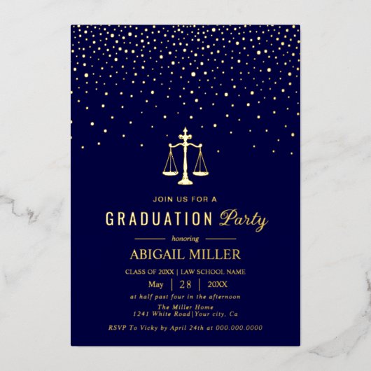 Blue Law school Class Of 2026 graduation confetti 箔招待状 (正面)