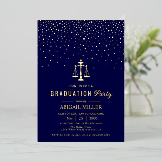Blue Law school Class Of 2026 graduation confetti 箔招待状 (立ち正面)