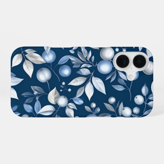 Blue Leaf Berry Pattern iPhone 16ケース (裏面横)