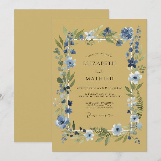 Blue Leaf Botanical Whimsy Wedding 招待状 (正面/裏面)