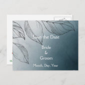Blue Leaves Botanical Foliage Save the Date 案内ポストカード (正面/裏面)