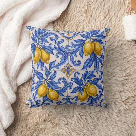 Blue Lemon Azulejo Tile クッション (ブランケット)