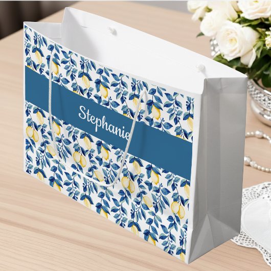 Blue Lemon Watercolor Monogram Name Large ラージペーパーバッグ