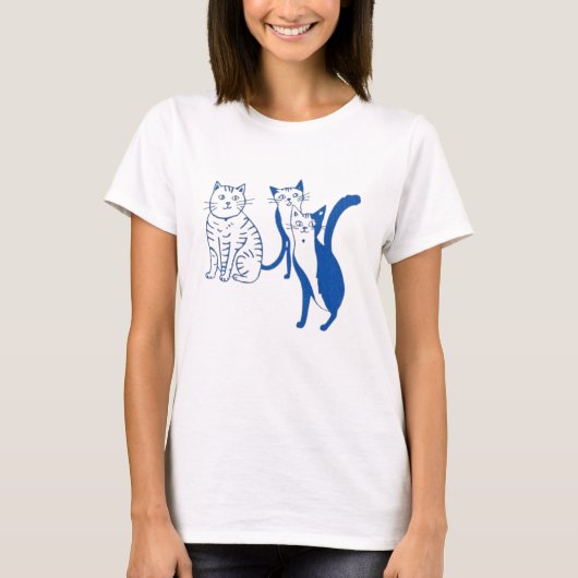 Blue Line Art Cat T-Shirt, Black Cotton Crewneck Tシャツ (正面)