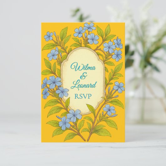 Blue linen rustic wedding in floral style  出欠カード (スタンド正面)