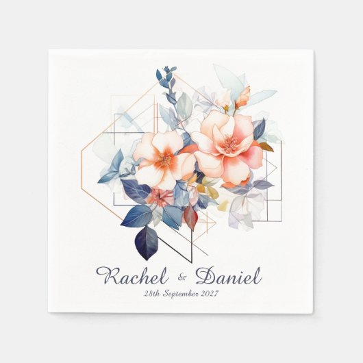 Blue Lines&Flowers: Wedding Napkins スタンダードカクテルナプキン (正面)