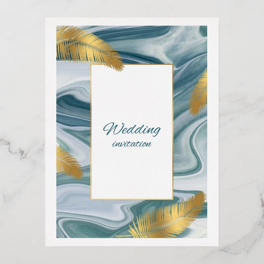 Blue Liquid Marble Wedding Invitation | Premium El 箔招待状ポストカード (正面)