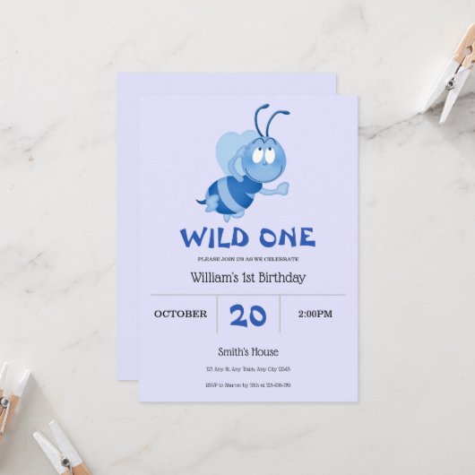 Blue Little Bumblebee 1st Birthday Invitation 招待状 (正面/裏面インサイチュ)