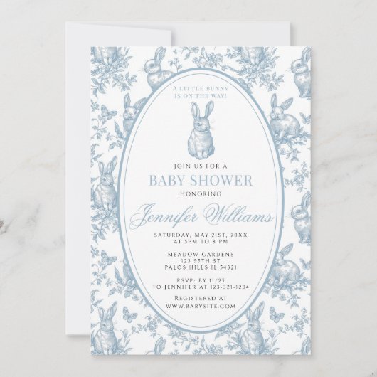 Blue Little Bunny Spring Easter Toile Baby Shower 招待状 (正面)