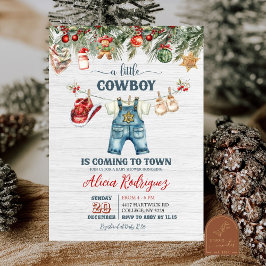 Blue Little Cowboy Western Holiday Baby Shower 招待状