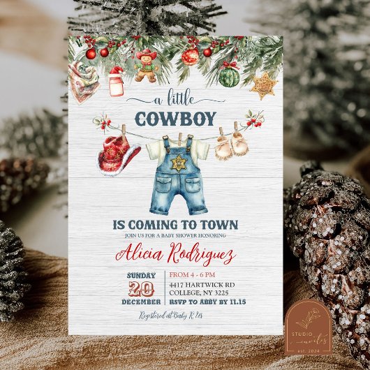 Blue Little Cowboy Western Holiday Baby Shower 招待状