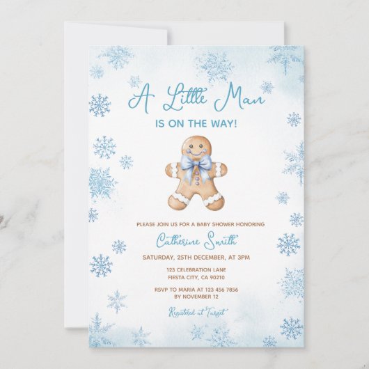 Blue Little Man Snowflakes Gingerbread Baby Shower 招待状 (正面)