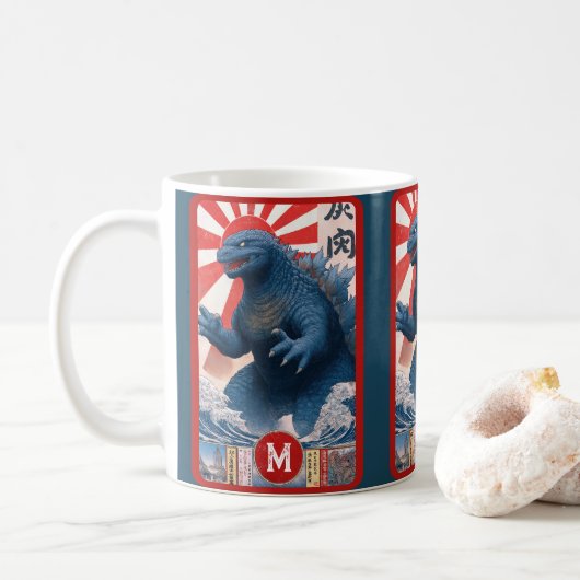 Blue Lizard Monster Monogram Bold Retro Fun Cool コーヒーマグカップ (ドーナツ)