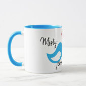 Blue Love Birdsのハートと名前結婚付き マグカップ (左)