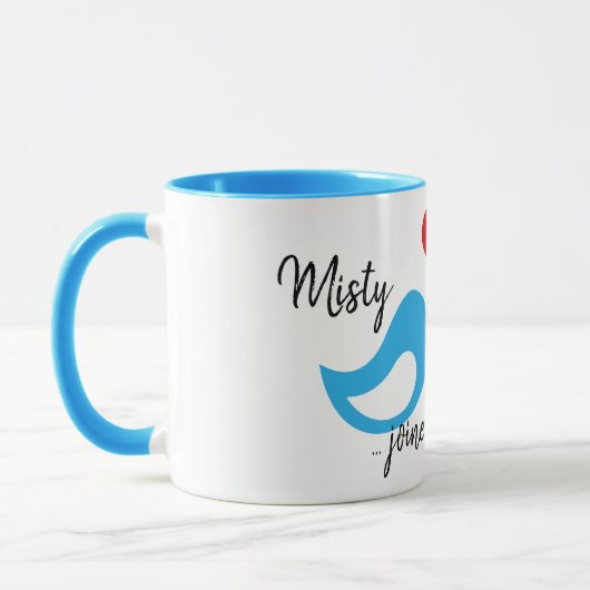 Blue Love Birdsのハートと名前結婚付き マグカップ (左)