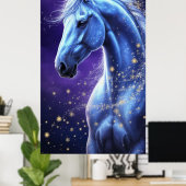 Blue Magical Horse Under Starry Night Sky ポスター (ホームオフィス)