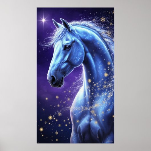 Blue Magical Horse Under Starry Night Sky ポスター (正面)