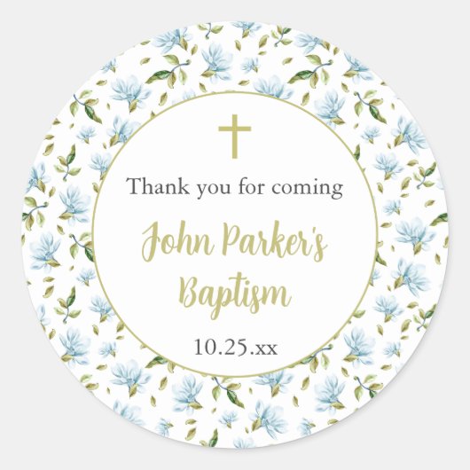 Blue Magnolias baptism thank you sticker ラウンドシール (正面)