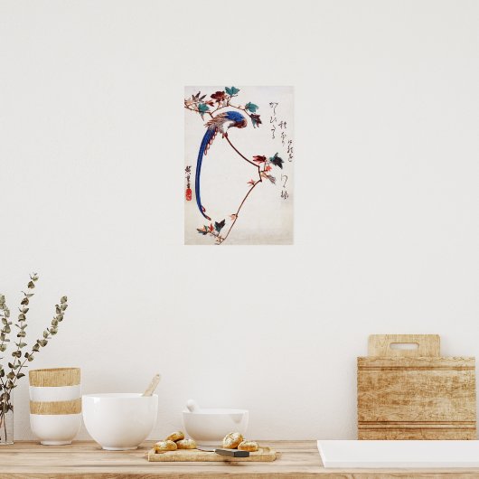 Blue Magpie on Maple Branch by Hiroshige ポスター (キッチン)