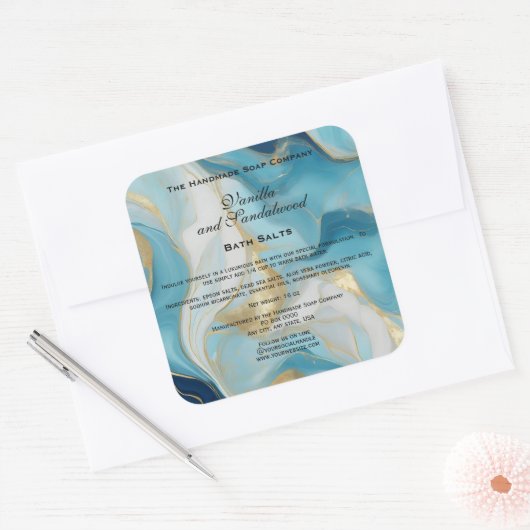 Blue Marble and Faux Gold Bath Salts Pouch Label スクエアシール (封筒)
