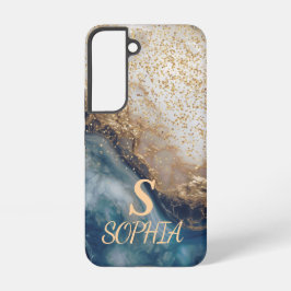 blue marble chic gold glitter monogram samsung galaxy s22ケース
