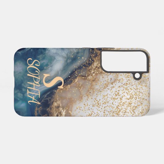blue marble chic gold glitter monogram samsung galaxyケース (裏面横)