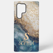 blue marble chic gold glitter monogram samsung galaxyケース (裏面)