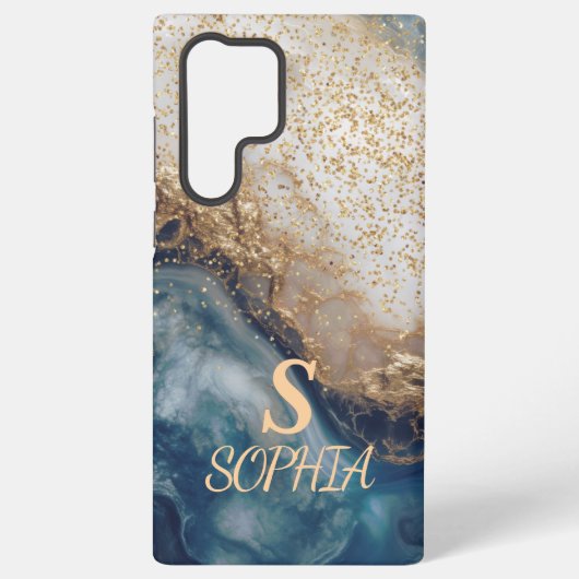 blue marble chic gold glitter monogram samsung galaxyケース (裏面)