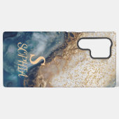 blue marble chic gold glitter monogram samsung galaxyケース (裏面横)