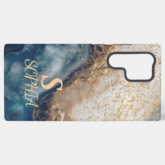 blue marble chic gold glitter monogram samsung galaxyケース (裏面横)