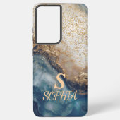 blue marble chic gold glitter monogram samsung galaxyケース (裏面)