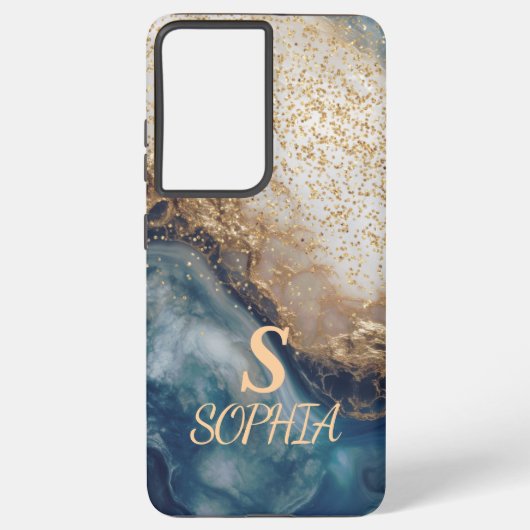 blue marble chic gold glitter monogram samsung galaxyケース (裏面)