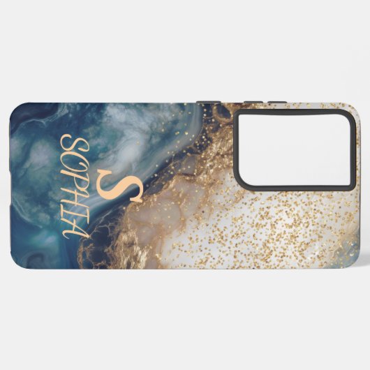 blue marble chic gold glitter monogram samsung galaxyケース (左側面)