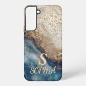 blue marble chic gold glitter monogram samsung galaxyケース (裏面)