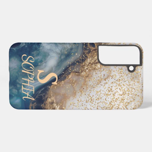 blue marble chic gold glitter monogram samsung galaxyケース (裏面横)
